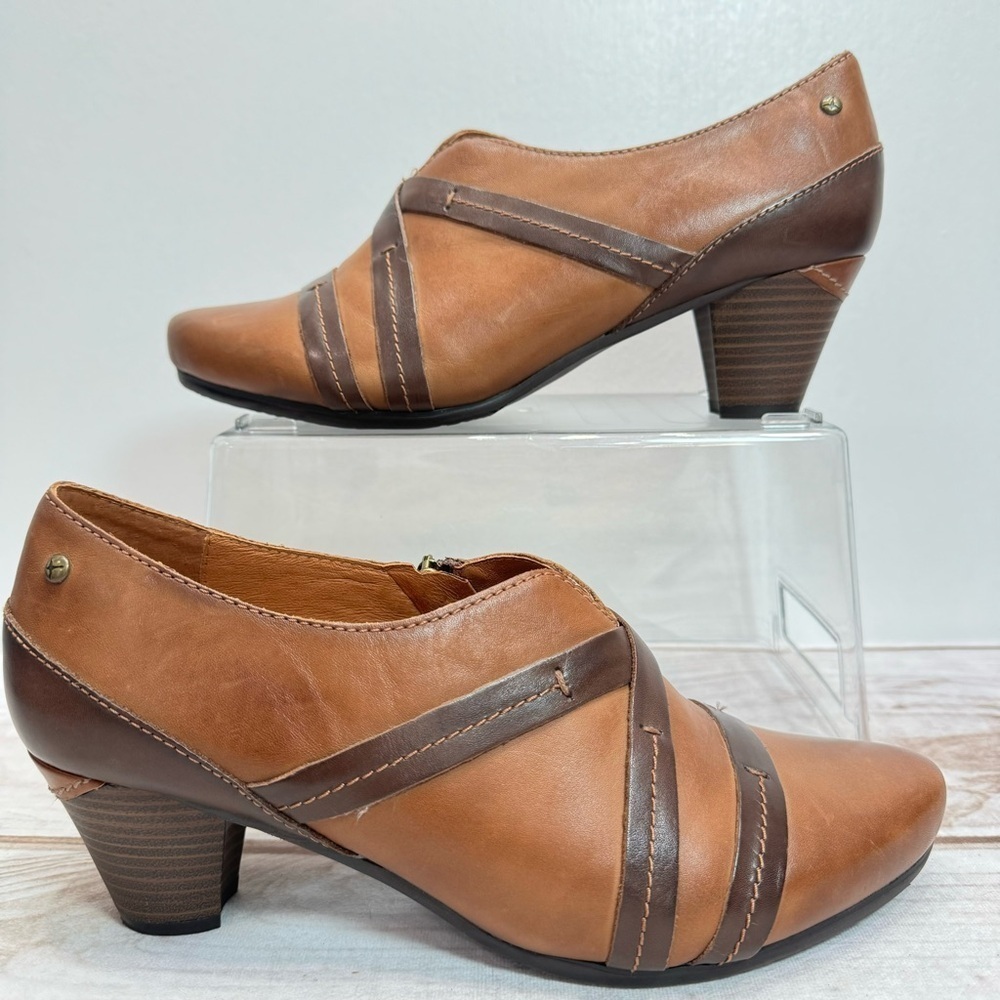 Pikolinos Lillie Camel & Dark Brown Genuine Leather Stacked Heel Booties Sz 41